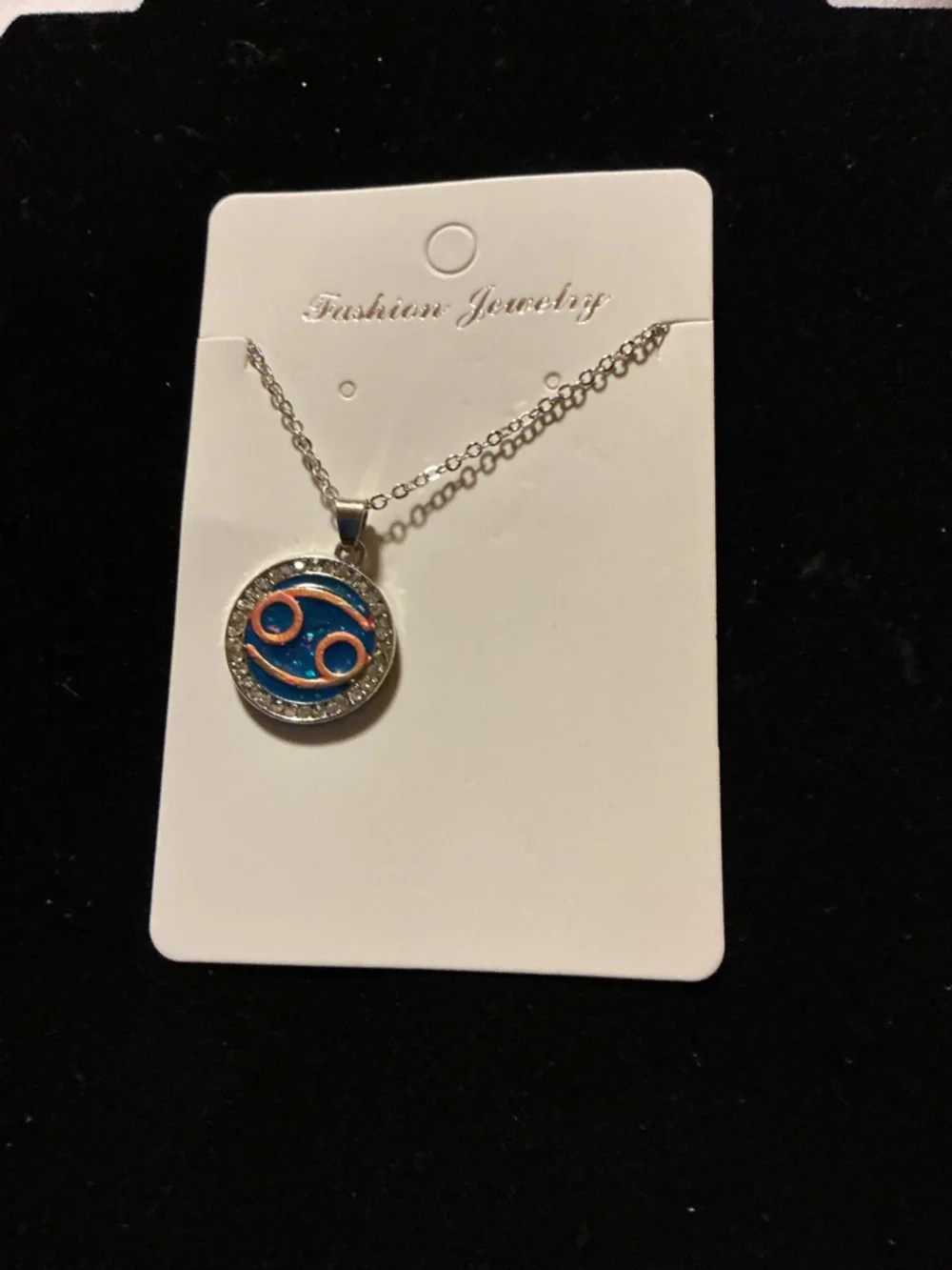 Cancer Zodiac Necklace Blue Round Pendant Rhinestone Accen - Picture 2 of 4